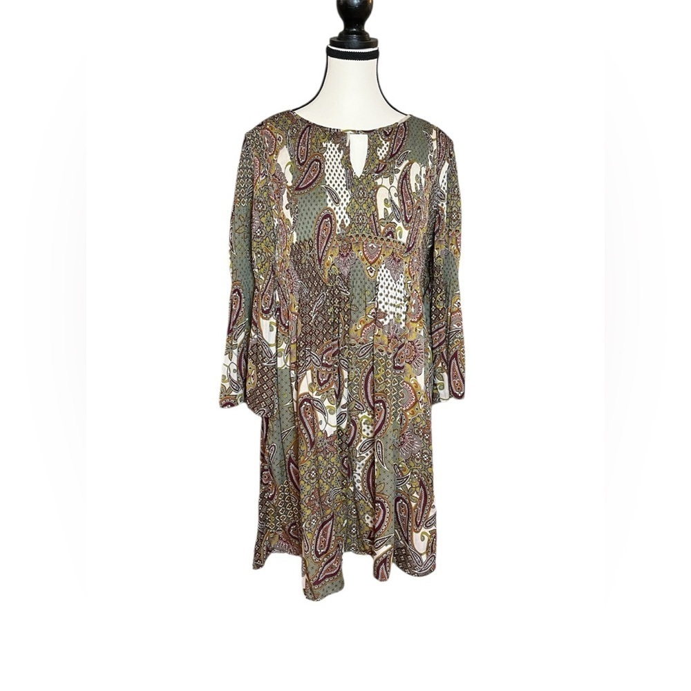 Emma & Michelle Paisley Tunic Dress Women’s Size Large Brown Bell Sleeves